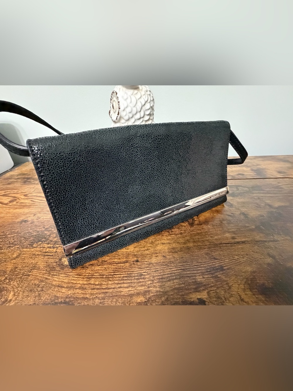 Michael Kors Tilda Black Leather Evening Clutch with Metallic Trim